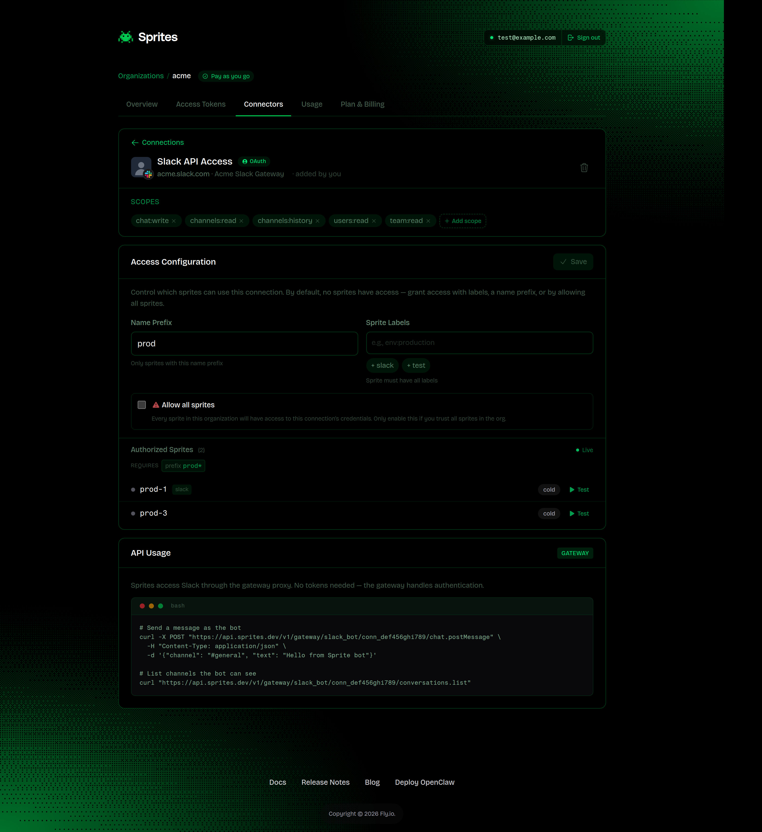 Connector detail page showing scopes, access configuration, and authorized sprites