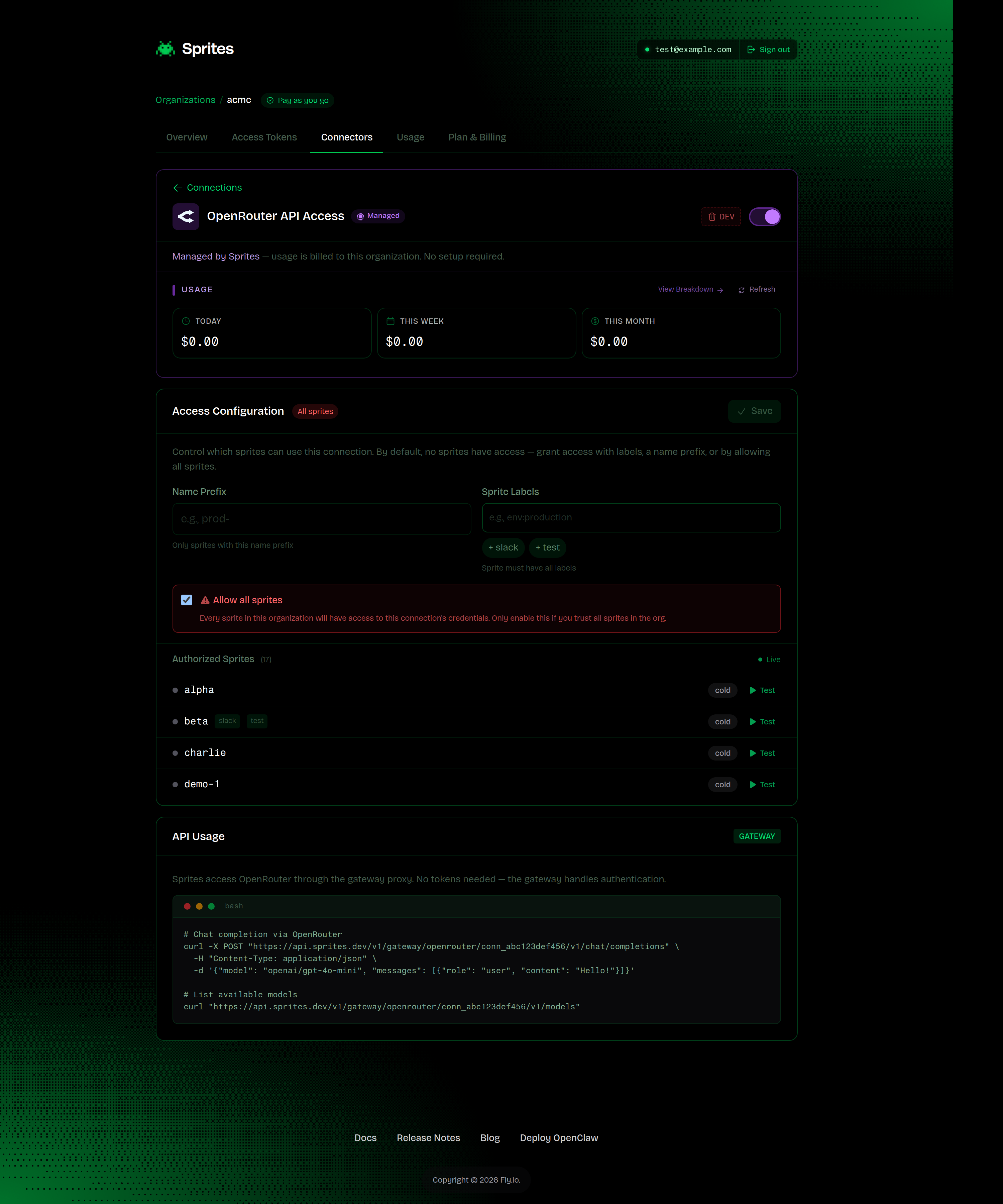 Managed OpenRouter connector showing usage stats and authorized sprites